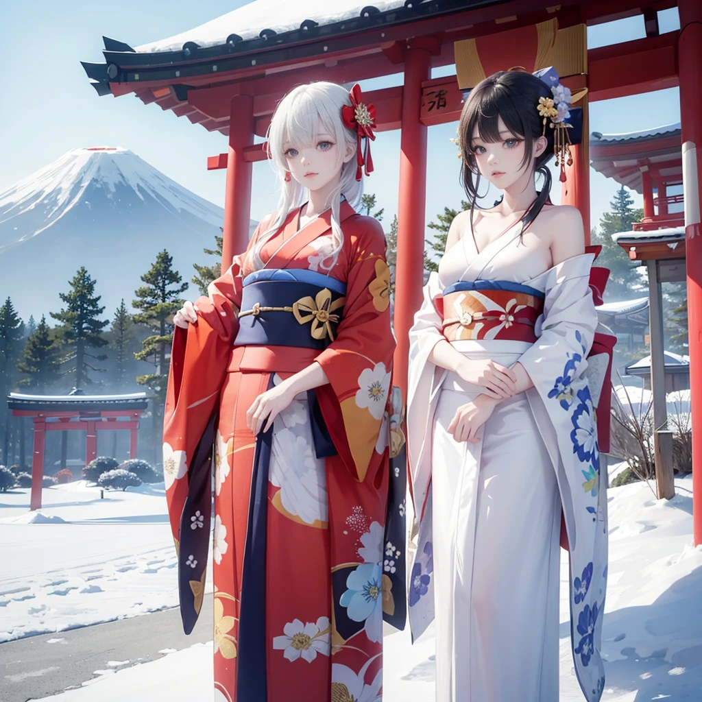 best quality, masterpiece,
Three Japanese high-school short girls with cute style,
looking straight ahead and striking a gutsy pose are standing (separately:1.4), side by side,
wearing a striking(yellow, red, blue, green) kimono with a flower motif,
(A kimono with floral patterns, particularly on the shoulders and chest:1.7)
(A kimono that completely conceals the chest and shoulders, revealing no skin at all:1.7)
(High-school-girls with a white short scarf, a white feather shawl around her neck:1.5),
(High-school-girls who are almost the same height:1.7),
(Japanese kimono:1.7),(innocent and pure high-school short girls:1.7),
((too much smile)), very cute, face, head and waist fully visible,
upper arms hidden by clothes and hair,
(only one well-shaped beautiful mount Fuji is completely covered with white snow from top to bottom:1.5),
(vermilion shrine entrance:1.2), very thick and large pine trees, winter(season),
Snow is accumulating on the roof and pine trees. ,(outdoors:1.5),