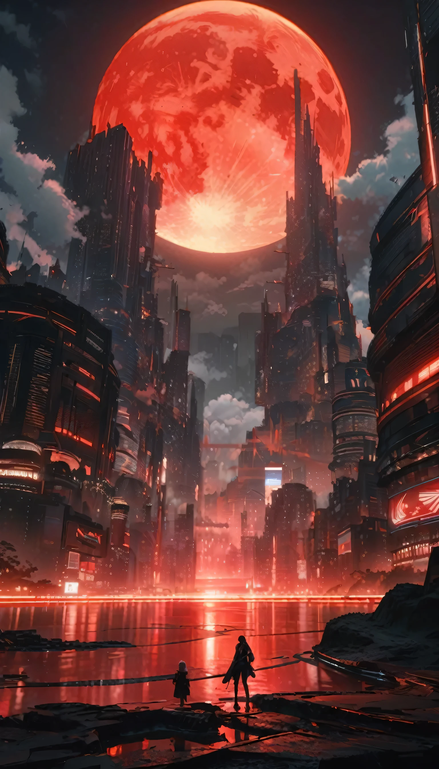(Perfect quality), (red & white), in a flat landscape, (January), (Huge Night City), (Giant red moon), haze, Wide Shot, atmospheric perspective, perspective, masterpiece, High resolution, High resolution, 4K, 最high quality, Awards, high quality, Super detailed, Accurate, masterpiece, UHigh resolution