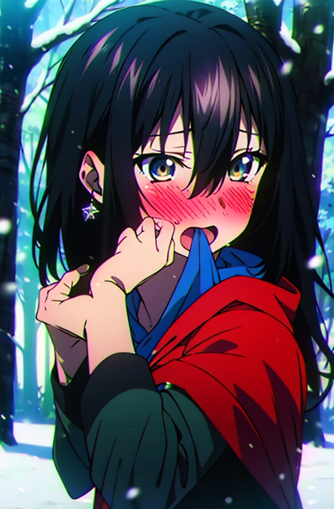 Himeragi Yukina, Brown eyes, Black Hair, Hair between the eyes, Medium Hair, Medium chest,blush,White Breath,
Open your mouth,snow,Ground bonfire, Outdoor, boots, snowing, From the side, wood, suitcase, Cape, Blurred, forest, White handbag, nature, Squat, Mouth closed, Cape, winter, Written boundary depth, Black shoes, red Cape break looking at viewer, Upper Body, whole body, break Outdoor, forest, nature, break (masterpiece:1.2), Highest quality, High resolution, unity 8k wallpaper, (shape:0.8), (Beautiful and beautiful eyes:1.6), Highly detailed face, Perfect lighting, Extremely detailed CG, (Perfect hands, Perfect Anatomy),