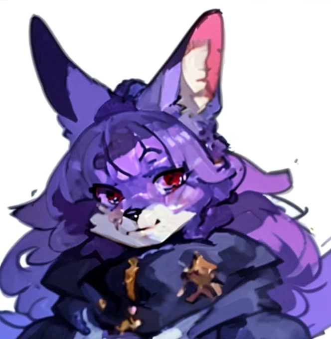 furry female, cat girl, felid, two-tone fur, 1girl, furry, breasts, animal ears, whiskers, solo, colored sclera, ring, jewelry, upper body, blush, cleavage, :3, half-closed eyes, yellow sclera, earrings, piercing, yellow eyes, looking at viewer, bandages, cat ears, animal nose, smile, ear piercing, shiny, purple background, closed mouth, sarashi, outline, body fur, black fur, border, collarbone, short hair, medium breasts, simple background, gradient background, nsfw