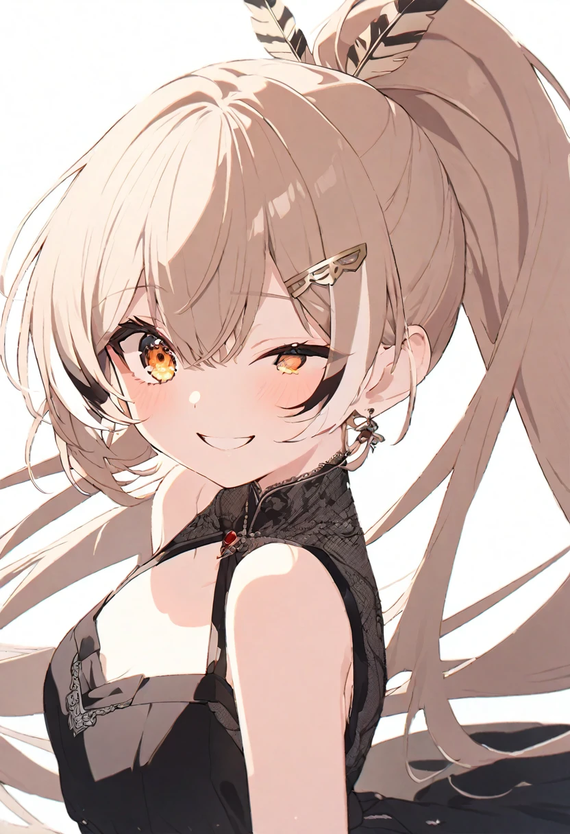 (muste piece), (best quality), very detailed eyes, expressive eyes, perfect face, very detailed face, highly detailed face, beautiful girl, 8K, beautiful girl, white background, delicate and beautiful face and eyes, dark intense shadow, 
1 girl, vtuber style, cool girl, hololive, mumei, ponytail, very long hair, feather hair ornament, hairclip, see-through:evening dress, small chest, cropped shoulders, clavicle, one eye close winking, smile, (full body), standing,