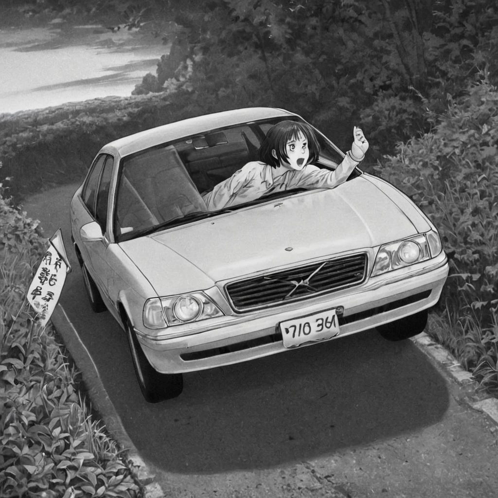 lifting car up, (anime), bizarre scenario, This is Junji, Yusuke Murata, black and white, 8K, anime, horror