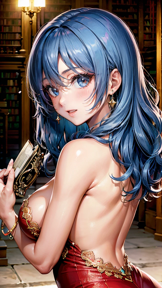 (Masterpiece, BestQuality:1.3), (ultra detailed:1.2), (hyperrealistic:1.3), (RAW photo:1.2), High detail RAW color photo, professional photograph, (Photorealistic:1.4), (realistic:1.4), professional lighting, perfect anatomy, (Big Breasts:1.2), (blush, detailed face), (cheerful Smile:1.5), (Blue Hair:1.5), Trending Hair&Trending Hairカラーをランダムに, earrings, necklace, bracelet, sexly, erotic sexly, Random sexy gravure poses, (Beautiful woman in a red dress、In a historic library、Holding a book and smiling seductively、Wavy hair flowing down her back。:1.3)