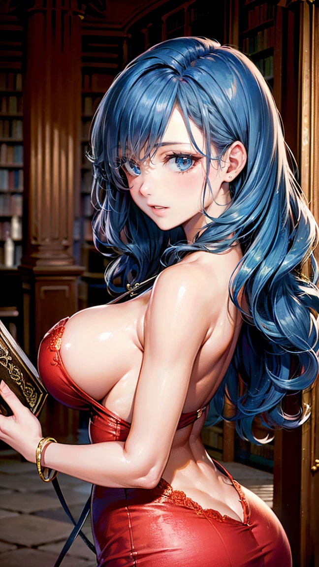 (Masterpiece, BestQuality:1.3), (ultra detailed:1.2), (hyperrealistic:1.3), (RAW photo:1.2), High detail RAW color photo, professional photograph, (Photorealistic:1.4), (realistic:1.4), professional lighting, perfect anatomy, (Big Breasts:1.2), (blush, detailed face), (cheerful Smile:1.5), (Blue Hair:1.5), Trending Hair&Trending Hairカラーをランダムに, earrings, necklace, bracelet, sexly, erotic sexly, Random sexy gravure poses, (Beautiful woman in a red dress、In a historic library、Holding a book and smiling seductively、Wavy hair flowing down her back。:1.3)