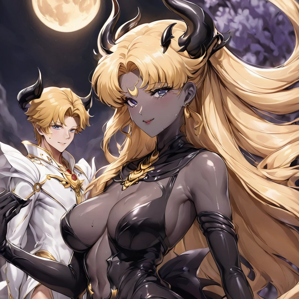 ((Highest quality)), ((masterpiece)), (detailed), (Perfect Face)、male1people女3people、Husband, wife and daughter2people、Her husband is a powerful demon king and her daughter is a devil princess.、The woman is naked and is the bride of the Demon King, the Dark Queen of the Black Moon Clan, the Demon Queen, Devil Queen Serenity, and is wearing a shiny black full-body bodysuit decorated with gold, a sexy female demon with jet-black skin, Devil Queen Serenity.、The woman is a jet-black female demon with magnificent devil horns, jet-black devil wings, and a jet-black tail. Her skin is jet-black, and she has a black inverted crescent moon mark on her forehead. She is the jet-black demon Devil Queen Serenity, and she has blonde hair.2The expression of a girl in love with her long hair tied up、Woman is Devil Queen Serenity