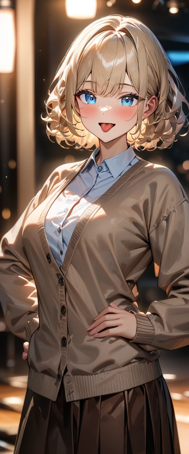 (((One girl))), (((from behind))), ((tanned skin:1.3)), blond hair, inwardly curled hair, open mouth, tongue out, ((one hand on hip)), ((bob cut:1.3, wavy hair)), (upper body), standard body, (looking back), ((cardigan)), ((((white unbuttoned shirt, skirt)))), ((sleeves past wrists)), teenager, (((blue eye))), ((happy smile)), (((anime style))), (best quality, 4k, 8k, highres, masterpiece:1.2, ultra-detailed, ultra-detailed eyes, HDR, UHD, studio lighting, ultra-fine painting, sharp focus, physically-based rendering, extreme detail description, professional, vivid colors, bokeh), ((Highest quality, Best image quality, Ultra-high resolution, Ultra-high resolution, solo, Strong eye highlights)), Depth of written boundary, Natural soft light, attractive, Beautiful Face, Cleanliness, Pure Face, nedium chest, Beautiful Face, Perfect Fingers, Perfect hands, Perfect body, Perfect Face, Shine a light into your eyes, Perfect Anatomy
