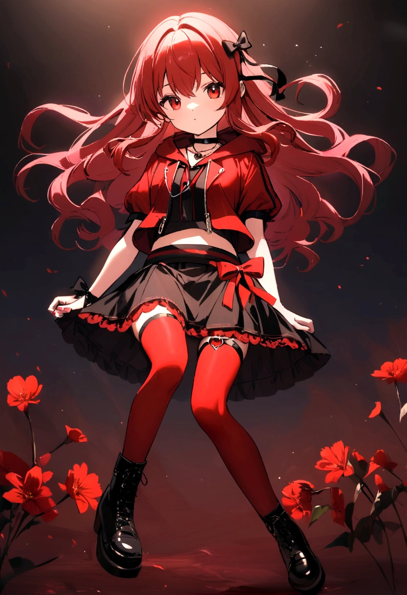 a with a red skirt and a black skirt that is under the red shirt . red stockings . red zip up hoodie, black shirt underneath with short sleeves and ,red hair, long hair and a flower with a ribbon on the bottom on the side on the hair and red eyes has a black Choker , and a small heart red necklace , full body has a ribbon bow waistband , 