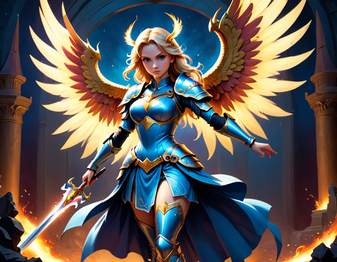 a ((medieval masterwork fresco art: 1.5)) Italian renaissance style, of a 1female angel knight, spread angelic wings, glowing halo soft light, full body shot, ultra detailed face, determined expression, angel of justice and vengeance, blond hair, long hair, dynamic hair style, (wearing armor: 1.2), intricate details, wearing (thigh high heeled boots: 1.1) , (holding divine sword: 1.3), flaming sword, intense details, masterwork sword, dynamic background(Masterpiece: 1.5), Vibrant, Ultra-high resolution, High Contrast, (masterpiece:1.2), highest quality, Best aesthetics), best details, best quality, highres, ultra wide angle, 16k, [ultra detailed], masterpiece, best quality, (extremely detailed), intense gaze, faize, raging nebula, Sword and shield, drc_style, Fantasy Creature