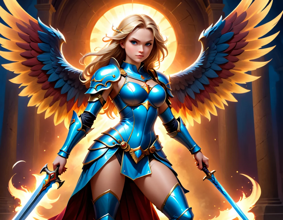 a ((medieval masterwork fresco art: 1.5)) Italian renaissance style, of a 1female angel knight, spread angelic wings, glowing halo soft light, full body shot, ultra detailed face, determined expression, angel of justice and vengeance, blond hair, long hair, dynamic hair style, (wearing armor: 1.2), intricate details, wearing (thigh high heeled boots: 1.1) , (holding divine sword: 1.3), flaming sword, intense details, masterwork sword, dynamic background(Masterpiece: 1.5), Vibrant, Ultra-high resolution, High Contrast, (masterpiece:1.2), highest quality, Best aesthetics), best details, best quality, highres, ultra wide angle, 16k, [ultra detailed], masterpiece, best quality, (extremely detailed), intense gaze, faize, raging nebula, Sword and shield, drc_style, Fantasy Creature