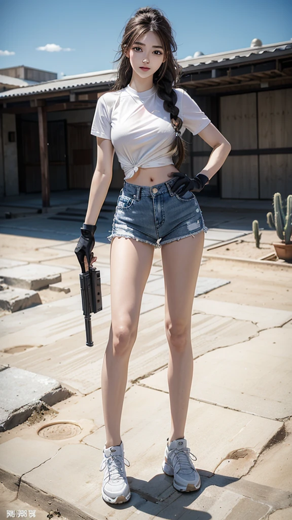 （8K，original photo，Top quality，masterpiece：1.2），（realism，Reality：1.37），Ultra Detailed，Ultra-high resolution，Wearing white short-sleeved shirt with exposed belly，Blue denim super shorts，Hourglass figure，Wearing black tactical gloves，sports shoes，blond，Girl with two braids，在desert里Holding a gun的特写，Full body close-up，Fighting Stance，Shooting Stance，Holding a gun，Holding a gun，pistol，Target your audience，Bullet special effects，Full body close-up，desert背景，desert，cactus，Bullet special effects，Smile，White skin，Smooth skin，Extremely beautiful face，Dynamic Angle，Dynamic Lighting