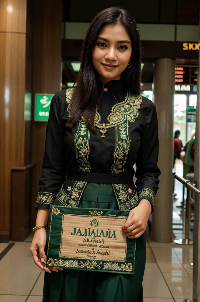 Realistic photo, a beautiful woman with an Indonesian face, wearing traditional black and green clothes with intricate and detailed embroidered motifs
The woman smiled sweetly while showing a nameplate that said "@JadulShare" in her hand, with background of airports in Indonesia
