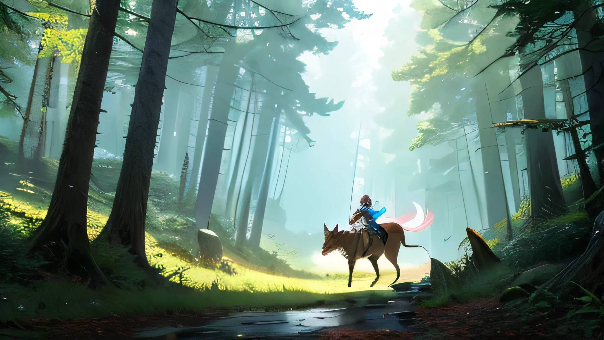 cure archer hunting white wolf, an forest background, (best quality,medium,highers), vivid colors, fantasy style