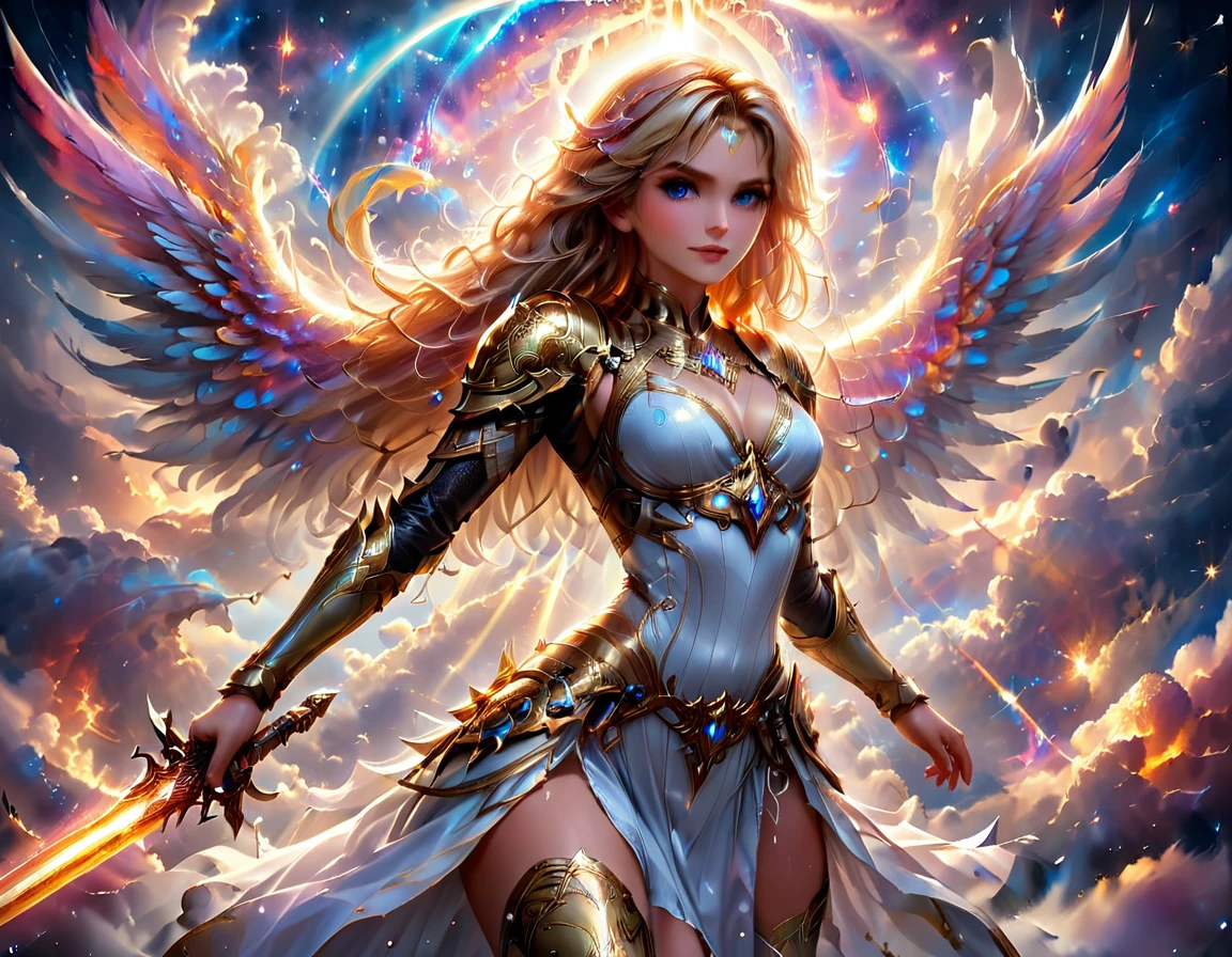 a ((medieval masterwork fresco art: 1.5)) Italian renaissance style, of a 1female angel knight, spread angelic wings, glowing halo soft light, full body shot, ultra detailed face, determined expression, angel of justice and vengeance, blond hair, long hair, dynamic hair style, (wearing armor: 1.2), intricate details, wearing (thigh high heeled boots: 1.1) , (holding divine sword: 1.3), flaming sword, intense details, masterwork sword, dynamic background(Masterpiece: 1.5), Vibrant, Ultra-high resolution, High Contrast, (masterpiece:1.2), highest quality, Best aesthetics), best details, best quality, highres, ultra wide angle, 16k, [ultra detailed], masterpiece, best quality, (extremely detailed), intense gaze, faize, raging nebula, Sword and shield, drc_style