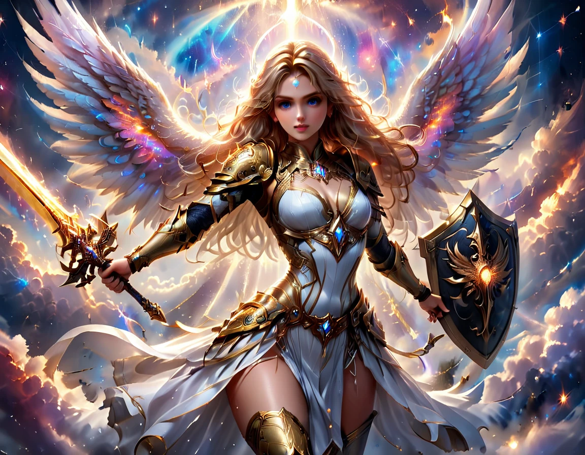 a ((medieval masterwork fresco art: 1.5)) Italian renaissance style, of a 1female angel knight, spread angelic wings, glowing halo soft light, full body shot, ultra detailed face, determined expression, angel of justice and vengeance, blond hair, long hair, dynamic hair style, (wearing armor: 1.2), intricate details, wearing (thigh high heeled boots: 1.1) , (holding divine sword: 1.3), flaming sword, intense details, masterwork sword, dynamic background(Masterpiece: 1.5), Vibrant, Ultra-high resolution, High Contrast, (masterpiece:1.2), highest quality, Best aesthetics), best details, best quality, highres, ultra wide angle, 16k, [ultra detailed], masterpiece, best quality, (extremely detailed), intense gaze, faize, raging nebula, Sword and shield, drc_style