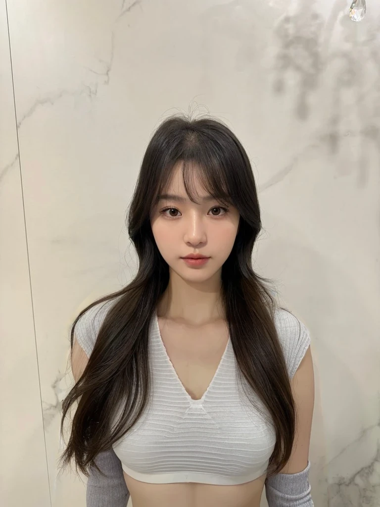 Best Quality, 8k, Masterpiece, (Portrait: 1.3), (photo realistic:1.4), (hyper realistic:1.4), Sharp Focus, looking at viewer, (smoother lighting:1.1), (increase cinematic lighting quality:0.9), realistic lighting, backlighting, light on face, ray trace, (brightening light:1.2), (Increase quality:1.4), sharp detail, (best quality real texture skin:1.4), finely detailed eyes, black_eyes, finely detailed face, 25 year old Korean woman, (white tube_top:1.4), (Create an image maintaining the original base model hairstyle:1.5)