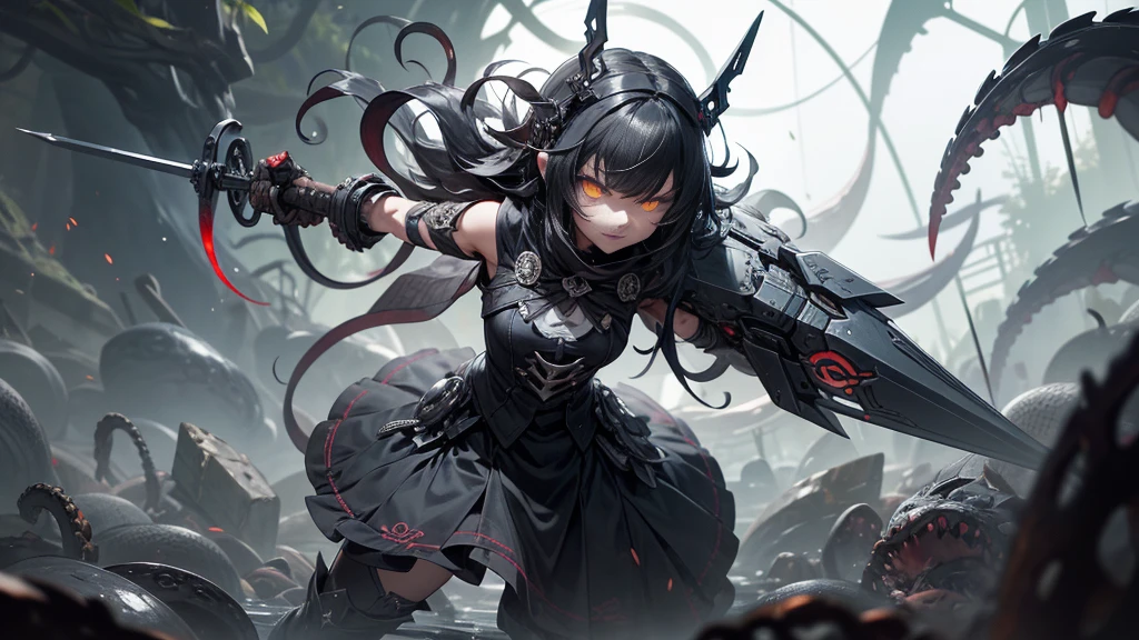 Black Ore Aegis Shield Steampumk Robot Automaton Girl, dark mechanisms, rests an aberrant flail weapon, A nightmare creation ready for action.. This mangrove weapon is a grotesque monstrosity, with twisted tentacles that form the extension of the weapon. Each tentacle ends in an eyelid with sharp teeth and fangs.., Projecting like deadly swords. The body of the weapon is adorned with manic eyes filled with sewn-on human arms and tentacles that writhe like snakes... Even though I&#39;m chained, The Aberrant Flail Weapon shows an expression of extreme madness and insanity., as if it were a living extension of the chaos that inhabits the dungeon. Your eyes shine with a disturbing intensity. The surrounding environment is sinister., with damp stone walls and a silence that seems oppressive. The Aberrant Flail Weapon is a cursed relic, A weapon that defies all notions of sanity and can unleash destruction at any moment..