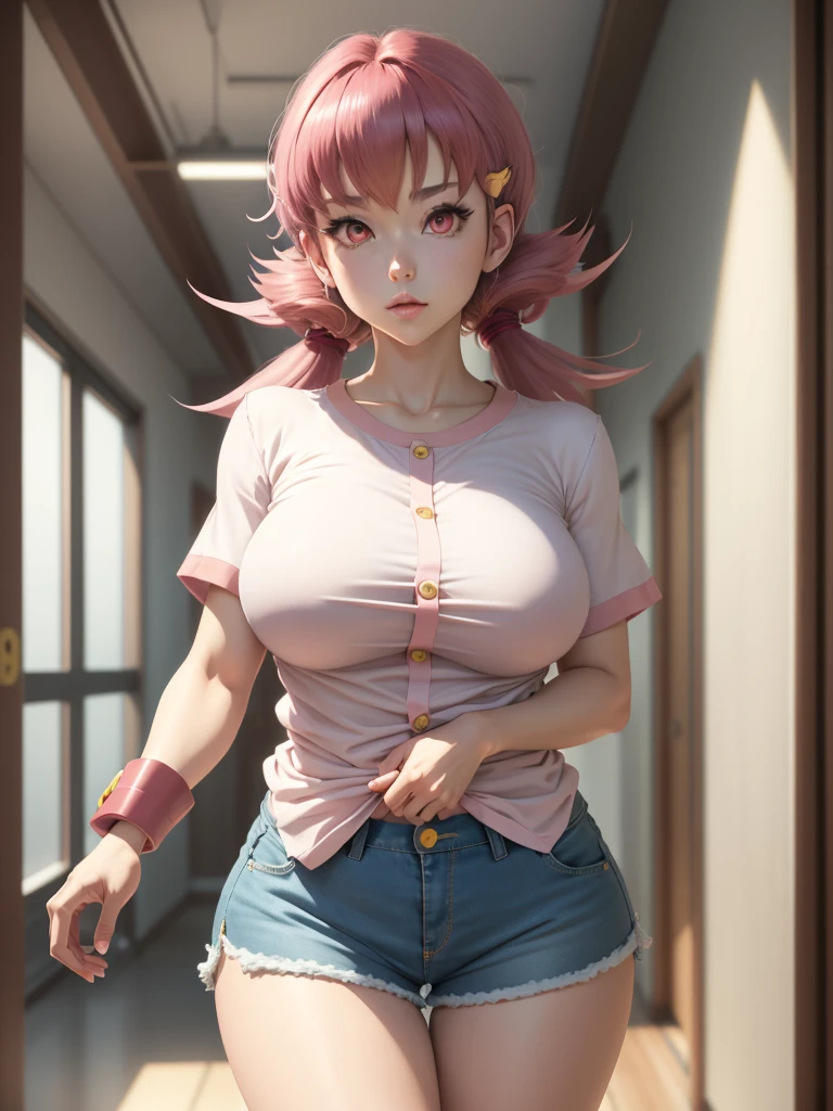 Anime-style illustrations, masterpiece, Highest quality, de whitney, Pink Eyes, hair ornaments, White shirt, Short sleeve, Blue shorts, Wristband, Large Breasts, From above, Part your lips, Upper Body, corridor