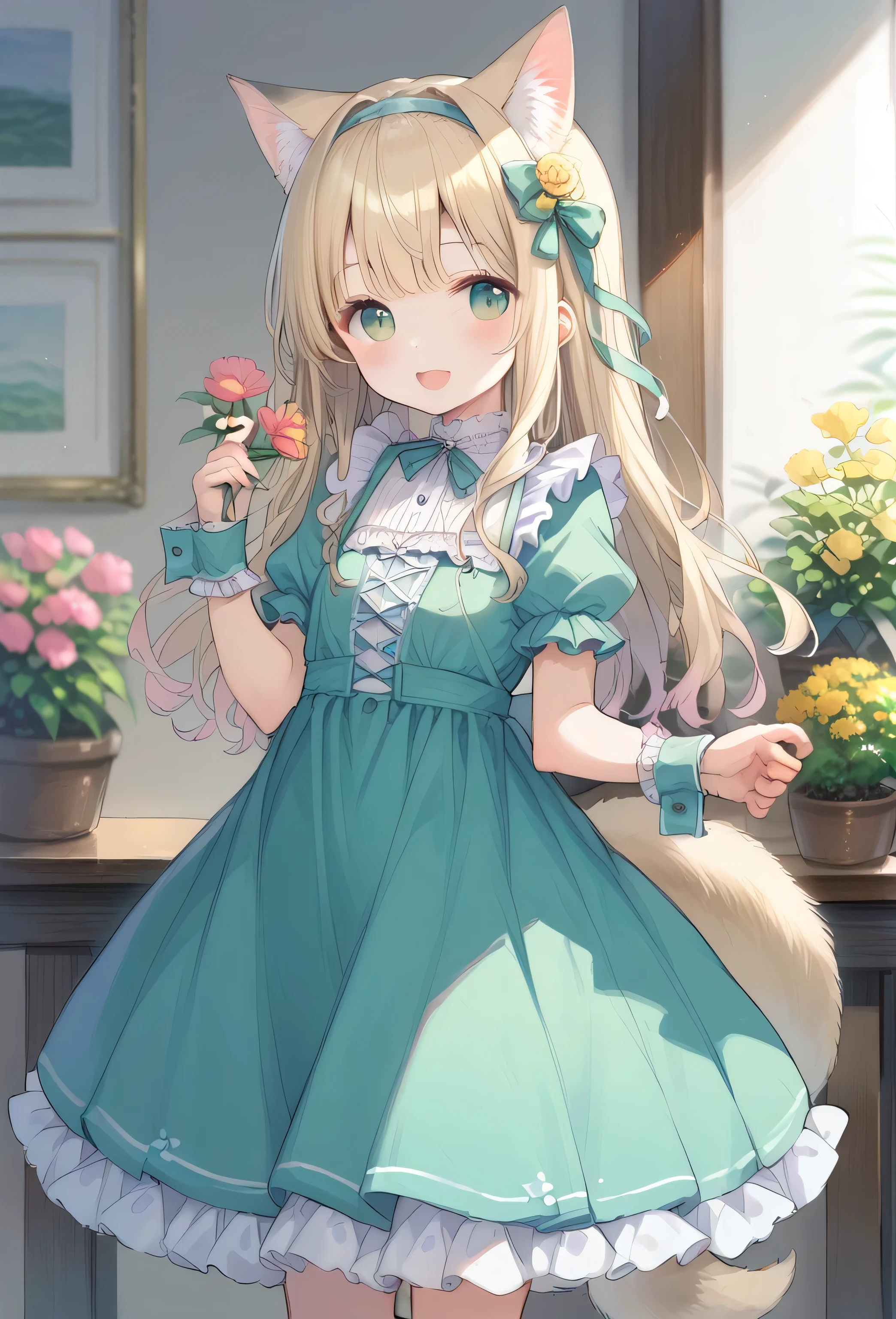 One girl, :d, Animal earsの毛, Animal ears, bangs, black hair band, Blonde, Blurred, Blurred background, Depth of written boundary, dress, flower, flower pot, frilled dress, Frills, green dress, Green Eyes, hair band, Holding, Long Hair, Open your mouth, pink flower, plant, potted plant, sketch, No sleeve, No sleeve dress, smile, alone, tail, Wrist cuff, yellow flower, 1980s (style)