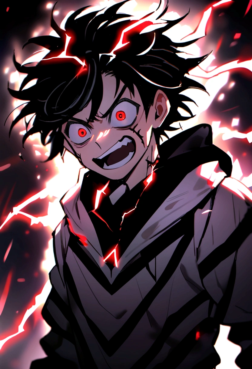 Man 17 years old Long black hair black and white sweatshirt with red electricity on his body with a crazy face