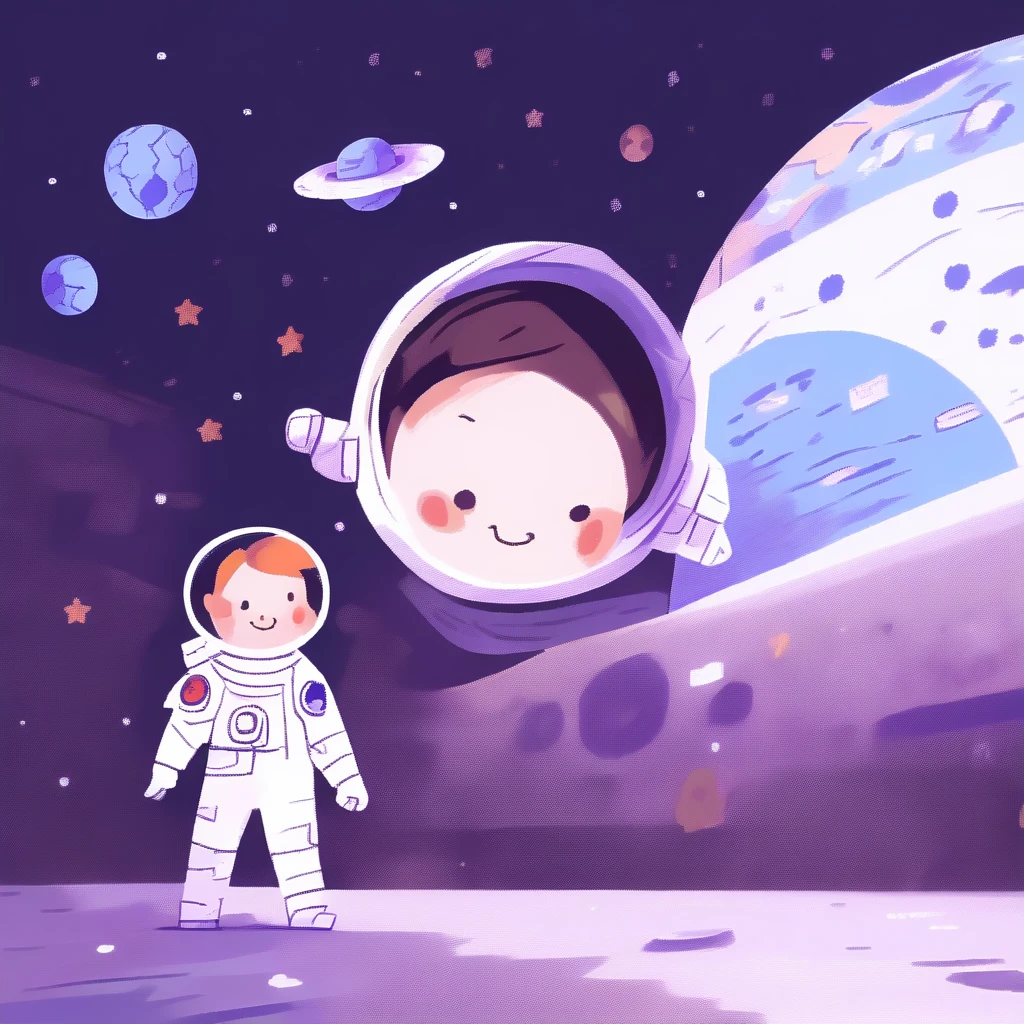 children's picture books,crayon paintings,white background,simple background,
A little boy in space, facing the camera, earth planet in background, slowly approaching, with high definition and quality,