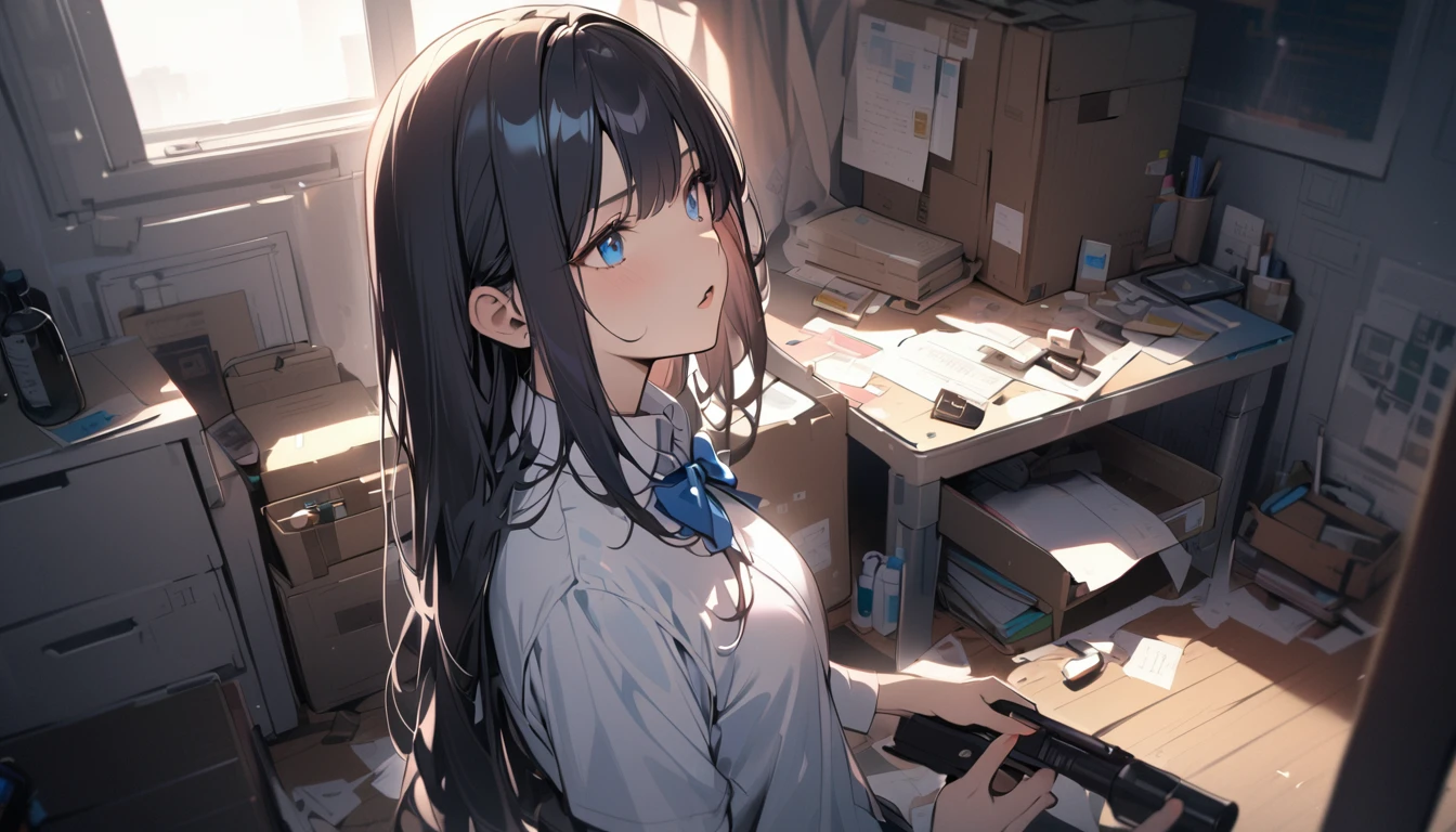 BREAK 1 girl, long hair, black hair, straight hair, short bangs above brows, blue eyes, expressionness, open mouth, (looking away:1.2)
BREAK (masterpiece), (high resolution 8K), cinematic lighting, professional lighting, detailed eyes and face, detailed body,
BREAK white shirt, blue bowtie, pleated skirt,
BREAK miscellaneous goods are placed in a mess, (messy room:1.5)