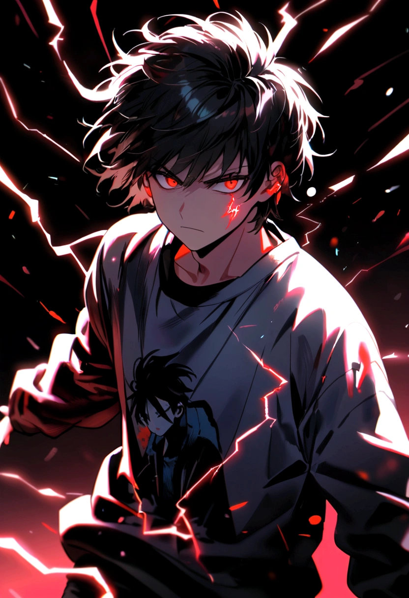 Man, 17 years old, long black hair, black and white sweatshirt with red electricity on his body, looking like a maniac