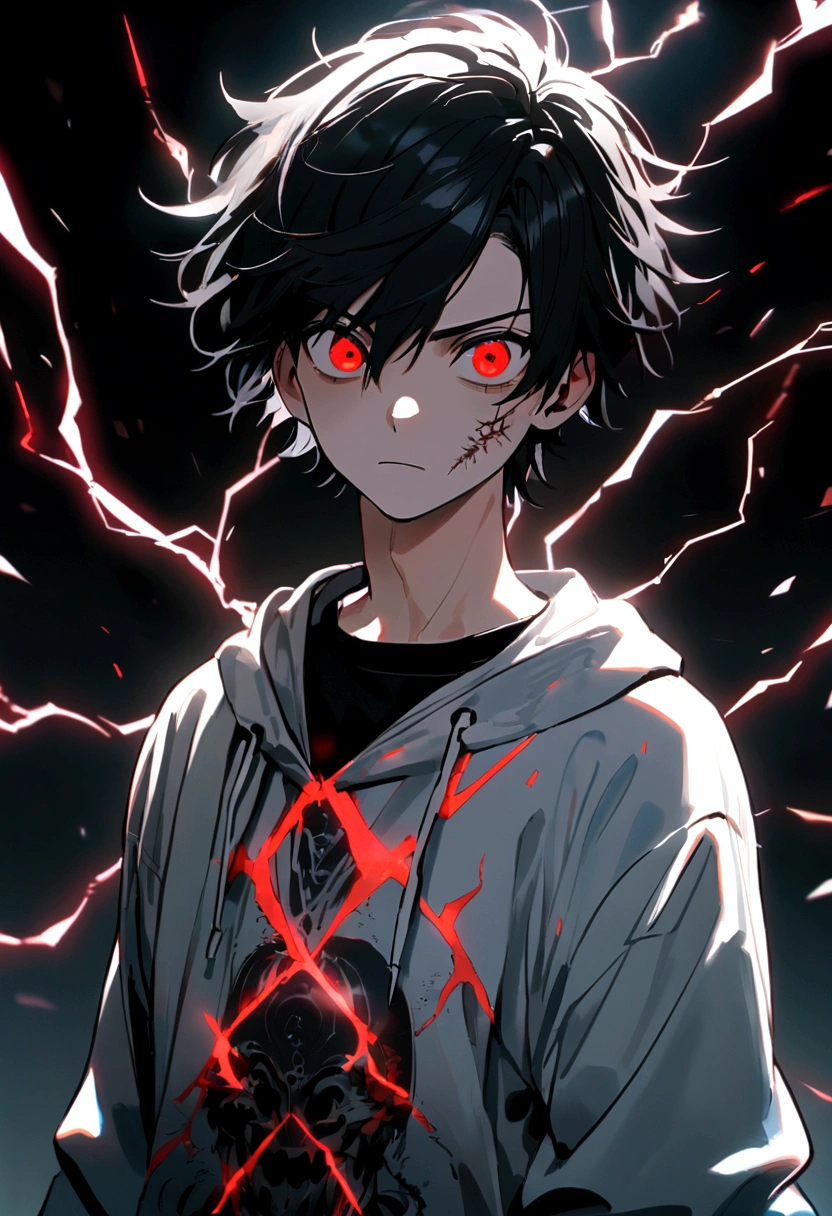 Man, , long black hair, black and white sweatshirt with red electricity on his body, looking like a maniac