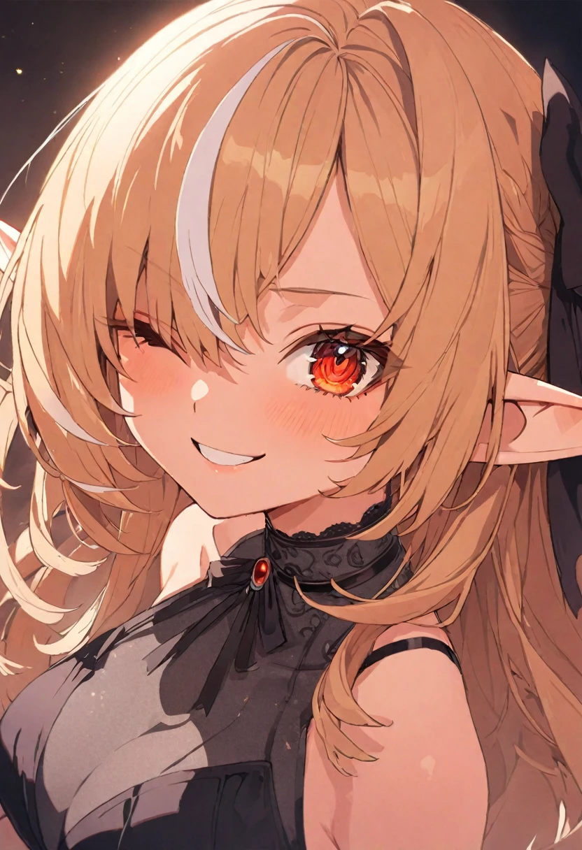 (muste piece), (best quality), very detailed eyes, expressive eyes, perfect face, very detailed face, highly detailed face, beautiful girl, 8K, beautiful girl, white background, delicate and beautiful face and eyes, dark intense shadow,
1 girl, vtuber style, cool girl, hololive, Shiranui Flare, Elf ears, blond hair, dark skin, see-through:evening dress, big chest, cropped shoulders, clavicle, one eye close winking, smile, (full body), standing,