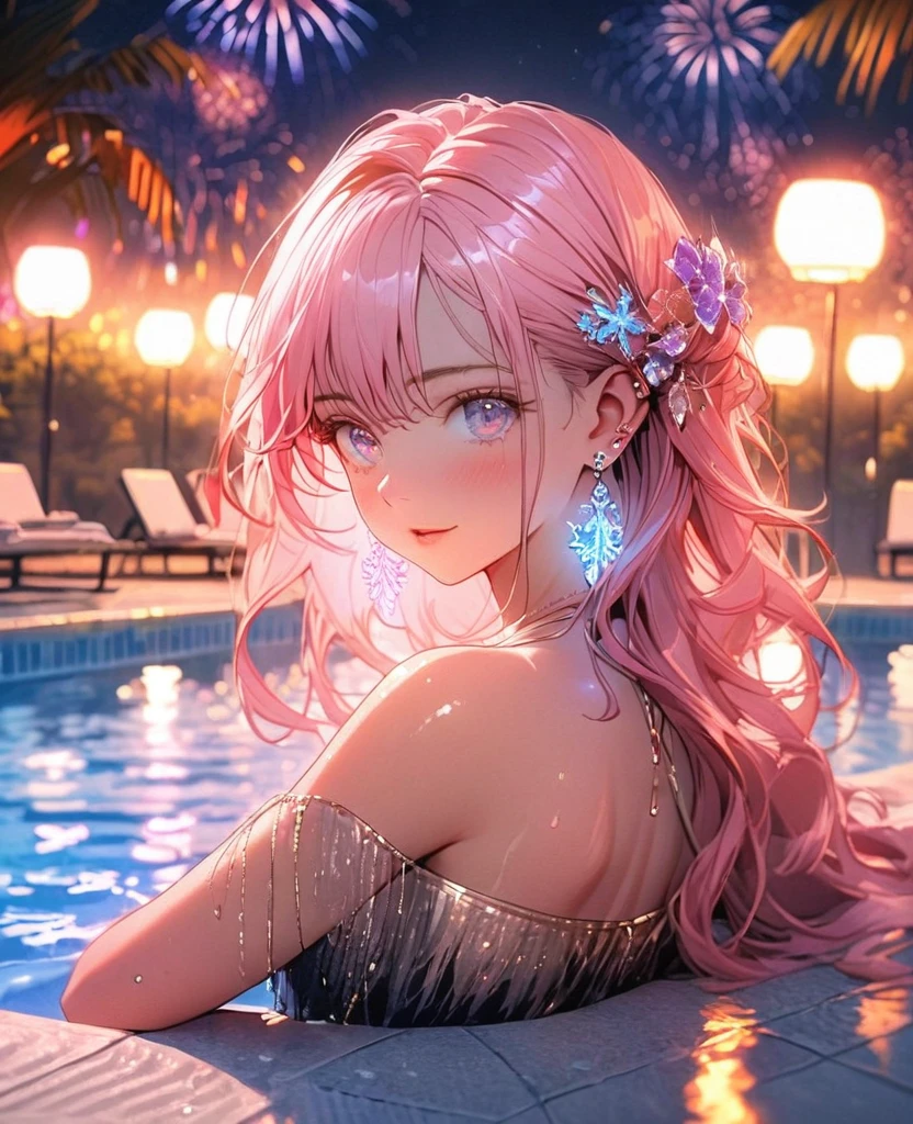 8K,gal,an extremely delicate and beautiful,Beautiful and realistic skin,Shiny jewel-like earrings,glowing tattoo,Long pink hair,beautiful eyes,whole body,beautiful tunktop,short pants,Summer pool,Beautiful glowing fireworks