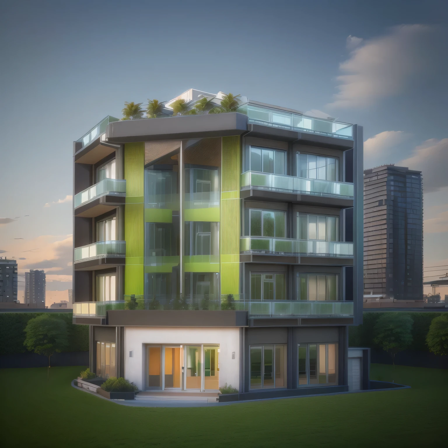 a modern townhouse with green balcony, office coffee, office rental, urban residential area landscape, best quality, 8k, highres, masterpiece, ultra-detailed, realistic, photorealistic, photo-realistic, HDR, UHD, studio lighting, ultra-fine painting, sharp focus, physically-based rendering, extreme detail, professional, bokeh, architecture, cityscape, modern architecture, residential area, green plants, coffee, office, hot tones