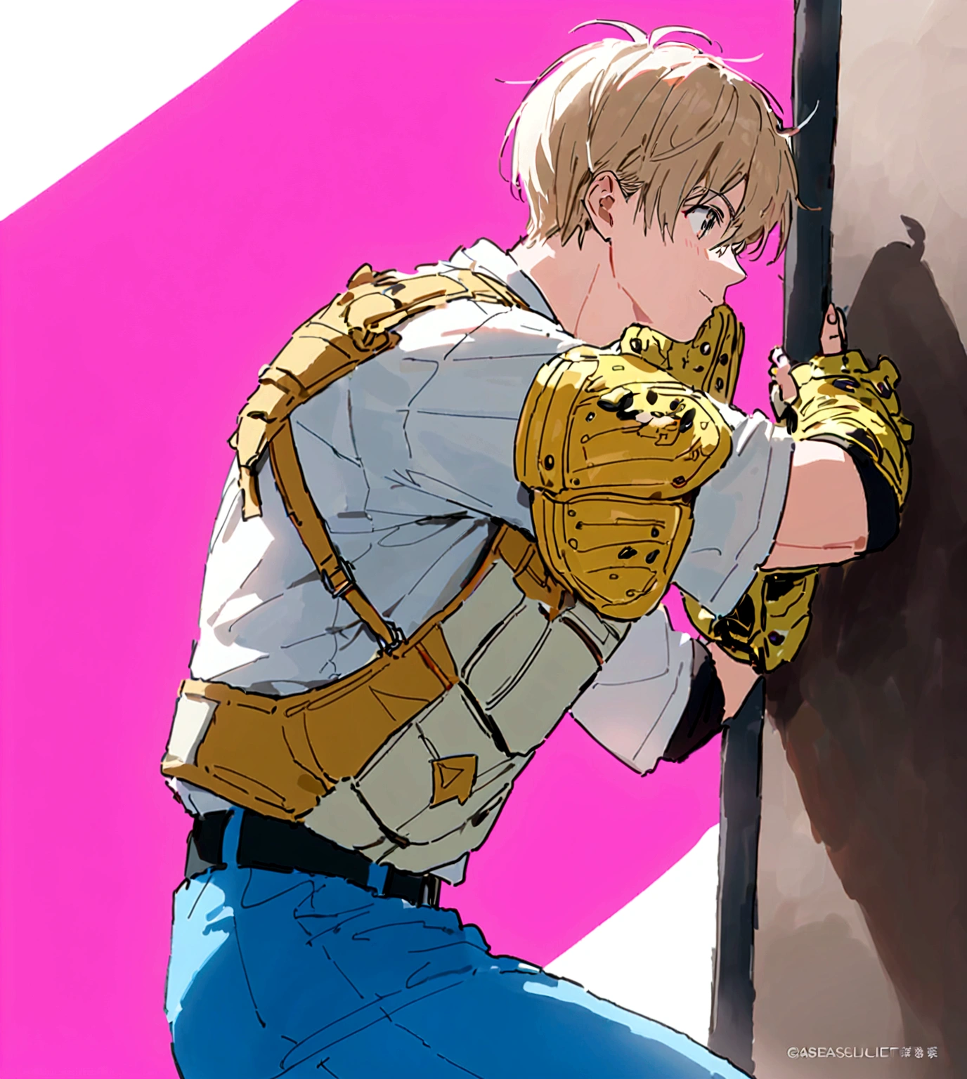 baseballユニフォーム,左手にbaseballグローブ,court,catcher,baseball防具,Forgetful Battery,youth,Blonde,Refreshing Youth,View from the side,morning,Koshien,Background is blue,baseball,View from the side,catcher