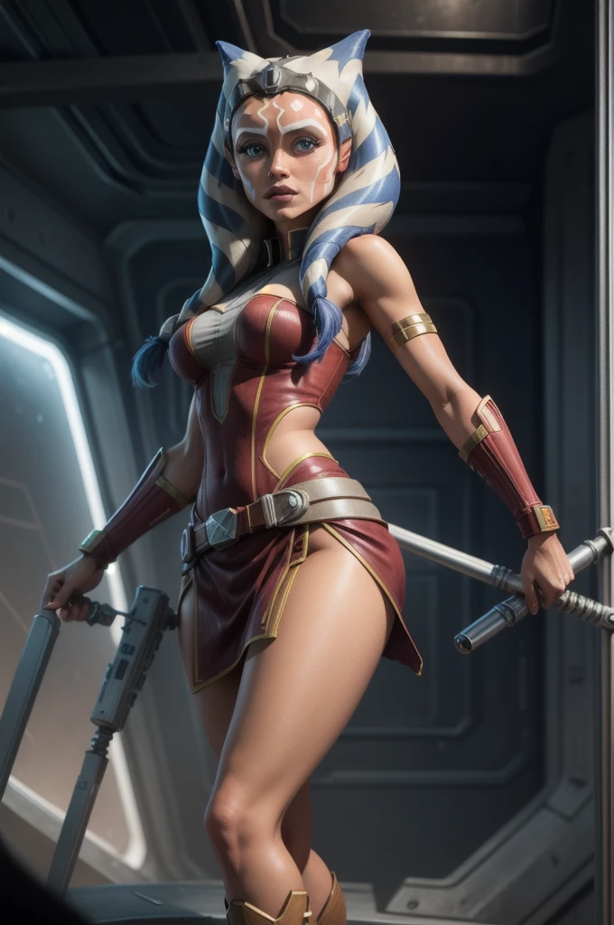 NUDE ahsoka tano, , portrait of ahsoka tano, RED DRESS , SEXY POSE , THICK NUDE SEXY, big ass mara jade skywalker, mara jade, a solo, leeloo outfit,, dark blue segmented armor, style of starfinder, inspired by Eve Ryder, femshep