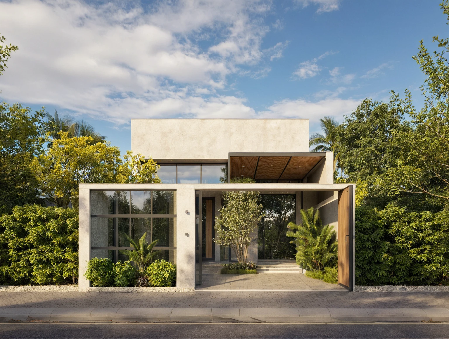 Raw photo,Masterpiece, high quality, best quality, authentic, super detail,
exterior, outdoors, house style modern on the street, glass windows, pavement, trees, sky, cloud, (daylight:1.1), gray wall, stone wall, garden