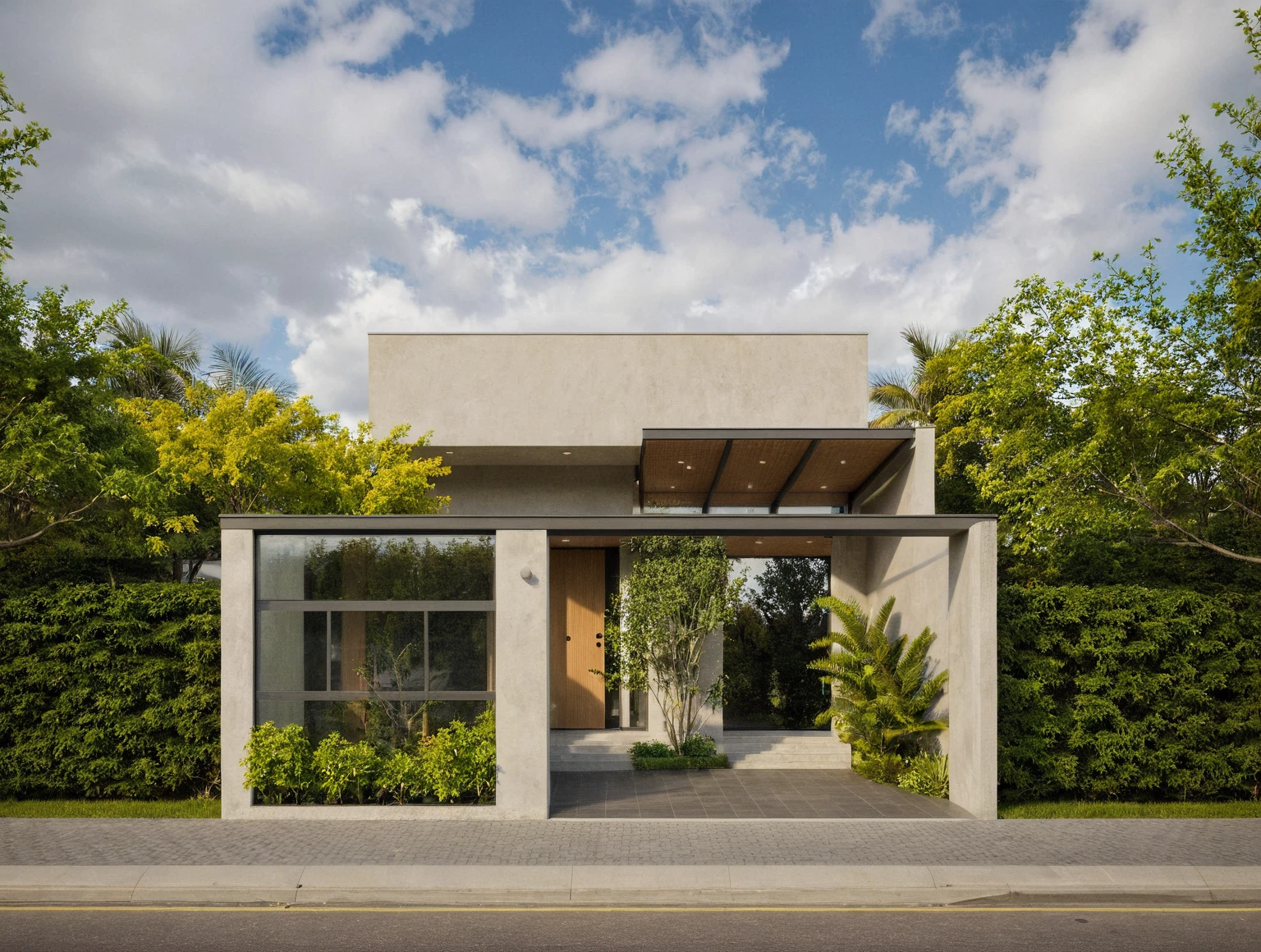 Raw photo,Masterpiece, high quality, best quality, authentic, super detail,
exterior, outdoors, house style modern on the street, glass windows, pavement, trees, sky, cloud, (daylight:1.1), gray wall, stone wall, garden