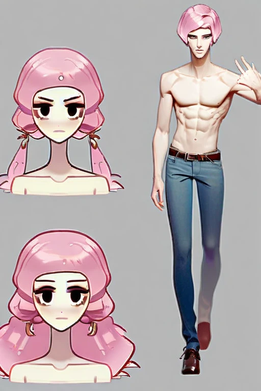 ((Лучшее качество)), ((шедевр)), (подробный), pink hair, jeans, topless, skinny