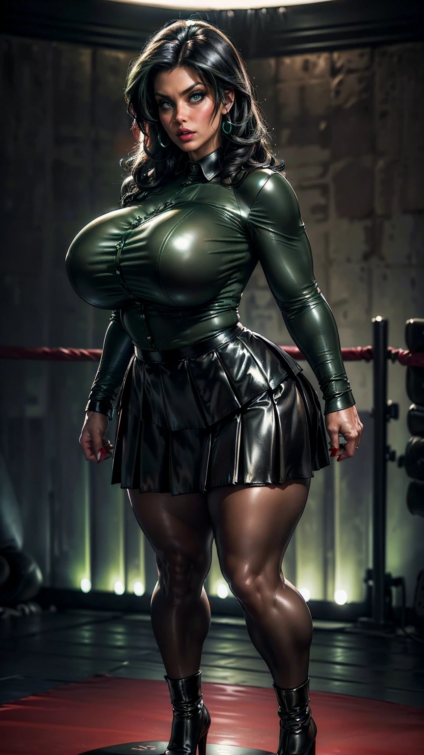 (best quality,highres:1.2), (ultra-detailed), (realistic:1.37), (HDR,UHD), (physically-based rendering), ((curvy thicc mature Denise Milani:1.3)), beautiful supermodel face, ((black leather long-sleeved formal army shirt, buttoned up:1.5)), ((long black leather pleated skirt:1.5)), ((cropped, straight jet-black hair:1.3)), (tiny waist), ((thicc, thick thighs:1.5)), ((beautiful large green eyes):1.3), (intimidating pose in a boxing ring), (full-body portrait), (vivid colors), (metallic textures), (hot red lips, makeup:1.3), sexy fighter, prominent breasts, rock solid breasts, missile shaped breasts that defy gravity, (full body portrait:1.3), big_boltedontits, boltedontits, th3p1t, sakimichan,