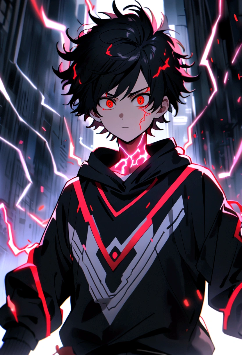 Man, 17 years old, long black hair, black and white sweatshirt with red electricity on his body, looking like a maniac