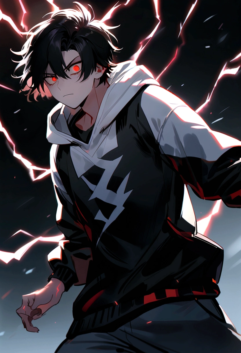 Man, , long black hair, black and white sweatshirt with red electricity on his body, looking like a maniac