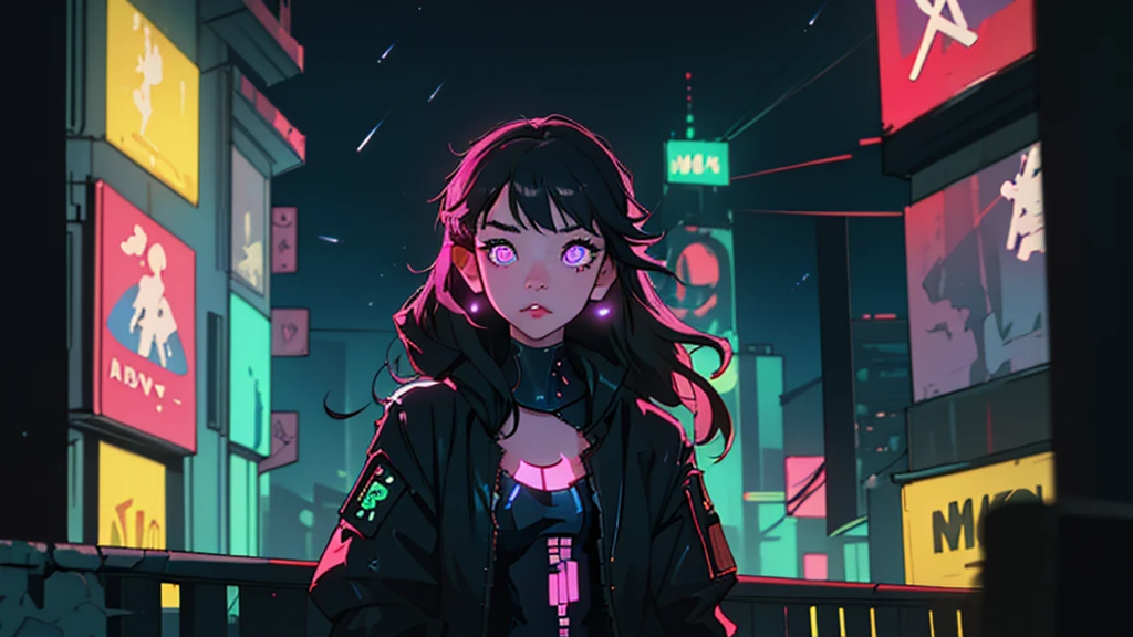 (Best quality, masterpiece1.2), (detailed eye:1.2), complex part, depth of field, 1 girl, city, Cyberpunk, neon, neon lights, night, moon,