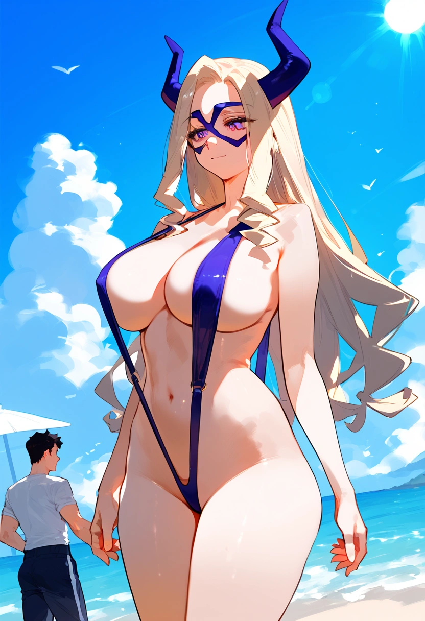anime artwork, score_9, score_8_up, score_7_up, score_6_up, score_5_up, score_4_up, Mount Lady, blonde hair, purple eyes, big breasts, she is 24 years old, style_3, ,,, , , ,floox style , _, standing, ,sky, sun, clouds, slingshot bikini, beach, 1boy, he is looking on her breasts, male swimsuit,