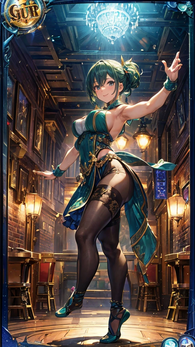 (1 mature dancer,Full Body Tights,Age 35), ((Pub,guild)),(smile),Dynamic pose,Dynamic Angle,Pose for a photo,From below,Elderly woman、Trading Card Game Frames、Highest Rare、Five Fingers、Signature mark、Recovery Officer、Big Butt、Green Hair、Sexy Costumes