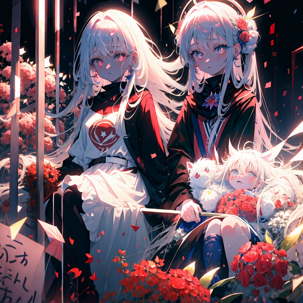 (masterpiece, anime, best quality:1.2), 1 girl,pink glowing star pupils,silver long hair,White,sit in throne,Look at the audience,(((rain)))(((soaking wet)))(((bunch of red flowers)))shed tears,tears, covered left eye, a black chocker, bitter swallow smile, black futuristic coat, white suit that is tattered