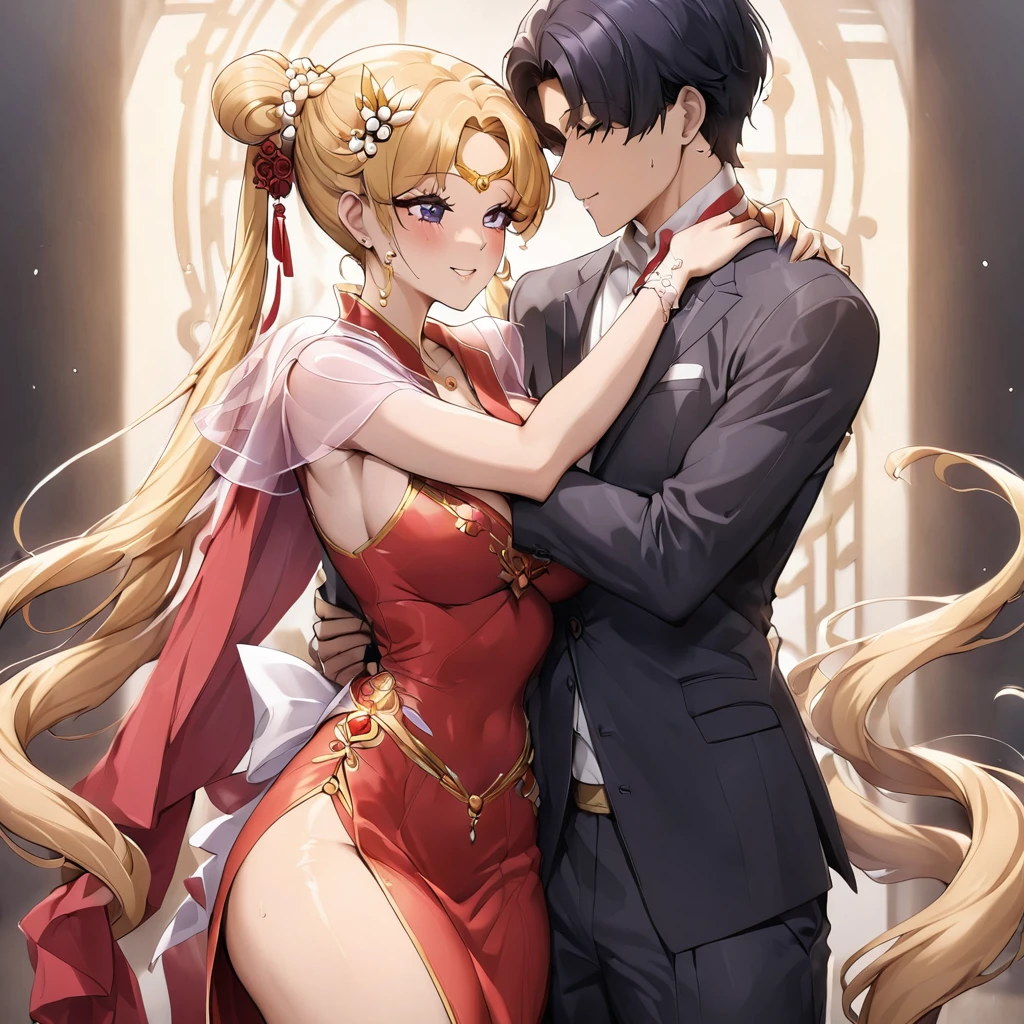 ((Highest quality)), ((masterpiece)), (detailed), (Perfect Face)、The woman is wearing a gorgeous, glittering, long-slit, red see-through Chinese dress with gold embroidery, a red veil and a red see-through cape, a gorgeous hair ornament, and gorgeous jeweled accessories.、The woman is the elegant Tsukino Usagi, with long blonde hair in a chignon twin tail.、A woman is being embraced and kissed by a man dressed in Hanfu.