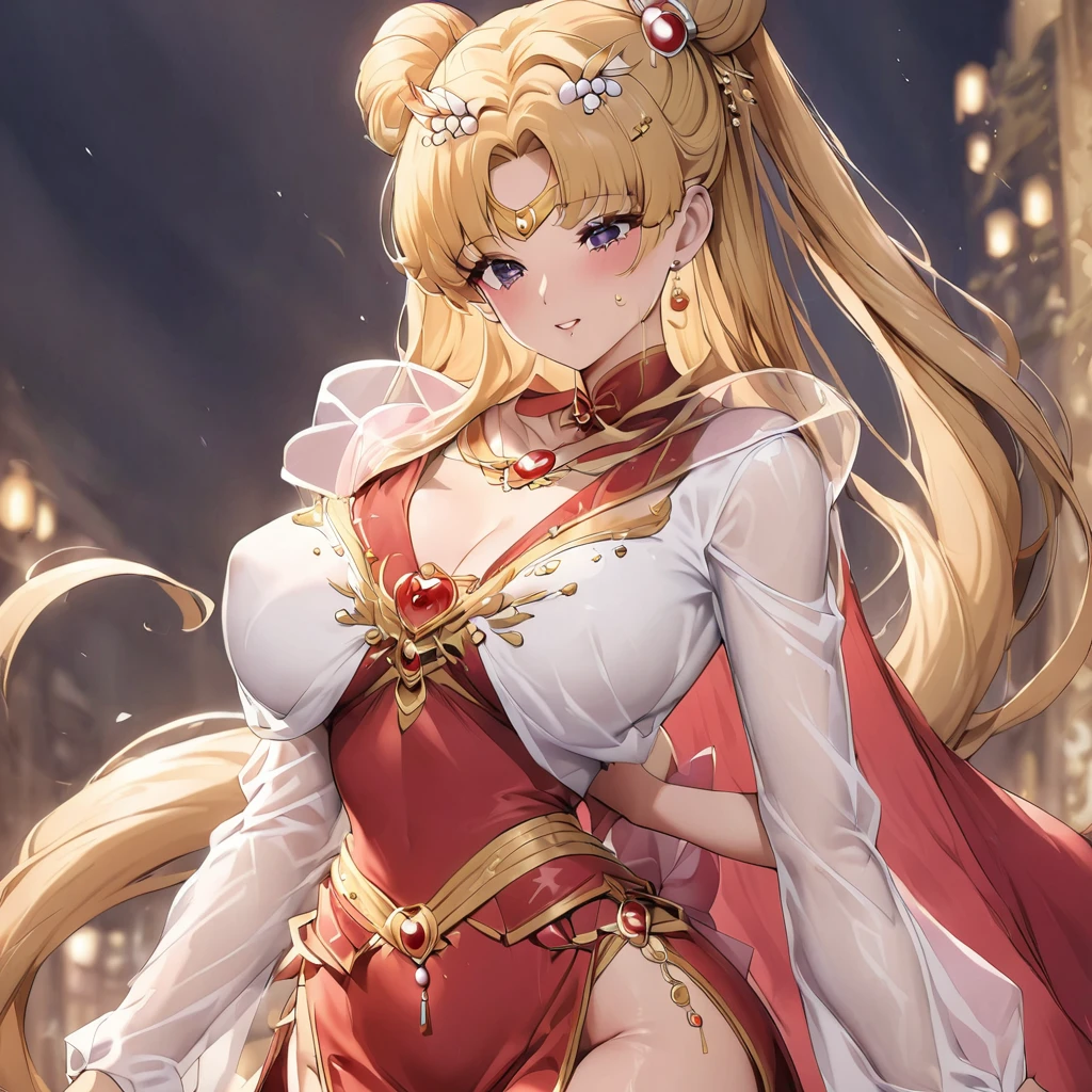 ((Highest quality)), ((masterpiece)), (detailed), （Perfect Face）、The woman is wearing a gorgeous, glittering, long-slit, red see-through Chinese dress with gold embroidery, a red veil and a red see-through cape, a gorgeous hair ornament, and gorgeous jeweled accessories.、The woman is the elegant Tsukino Usagi, with long blonde hair in a chignon twin tail.、A woman is being embraced and kissed by a man dressed in Hanfu.