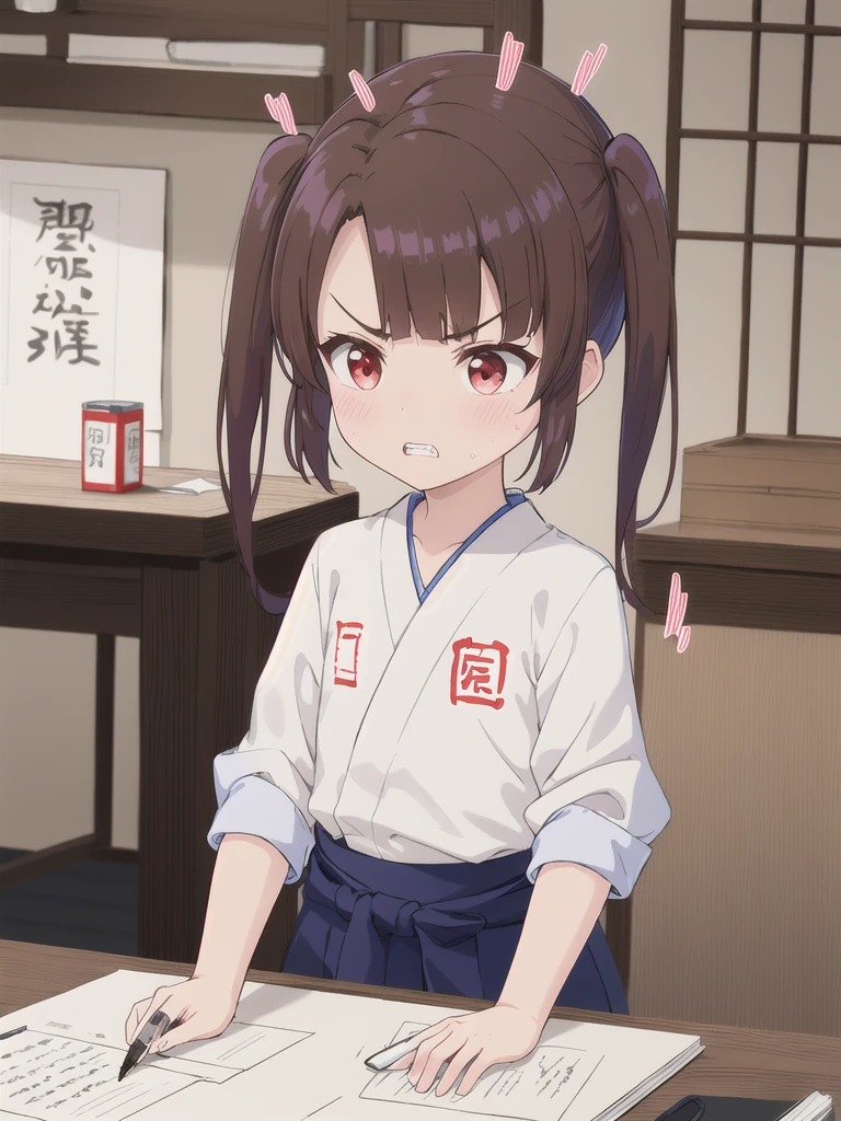 Japanese-style room, indoor,1 Girl, 独奏, Red eyes, Twin tails, brown hair,crawling,顔 focus,upper body,White shirt,  bangs,  eyebrows visible through hair, Flat Chest,looking at another,teeth ,annoyed,panicking,Write on loose-leaf paper with a pen,