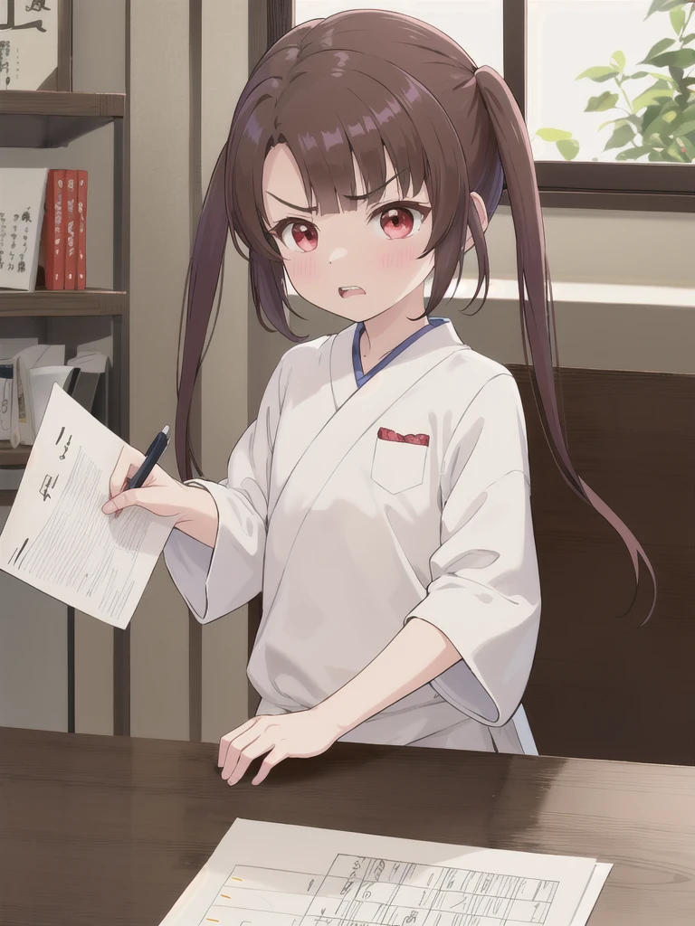 Japanese-style room, indoor,1 Girl, 独奏, Red eyes, Twin tails, brown hair,crawling,顔 focus,upper body,White shirt, bangs, eyebrows visible through hair, Flat Chest,looking at another,teeth ,annoyed,panicking,Write on loose-leaf paper with a pen,