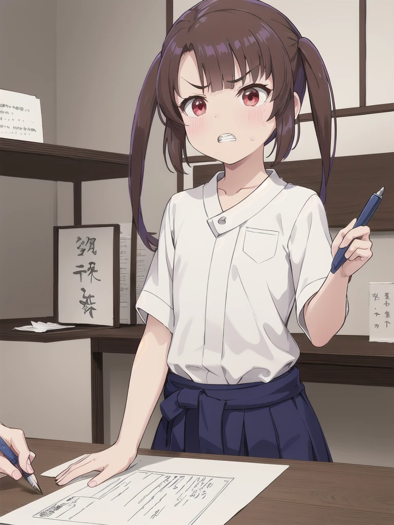 Japanese-style room, indoor,1 Girl, 独奏, Red eyes, Twin tails, brown hair,crawling,顔 focus,upper body,White shirt, bangs, eyebrows visible through hair, Flat Chest,looking at another,teeth ,annoyed,panicking,Write on loose-leaf paper with a pen,