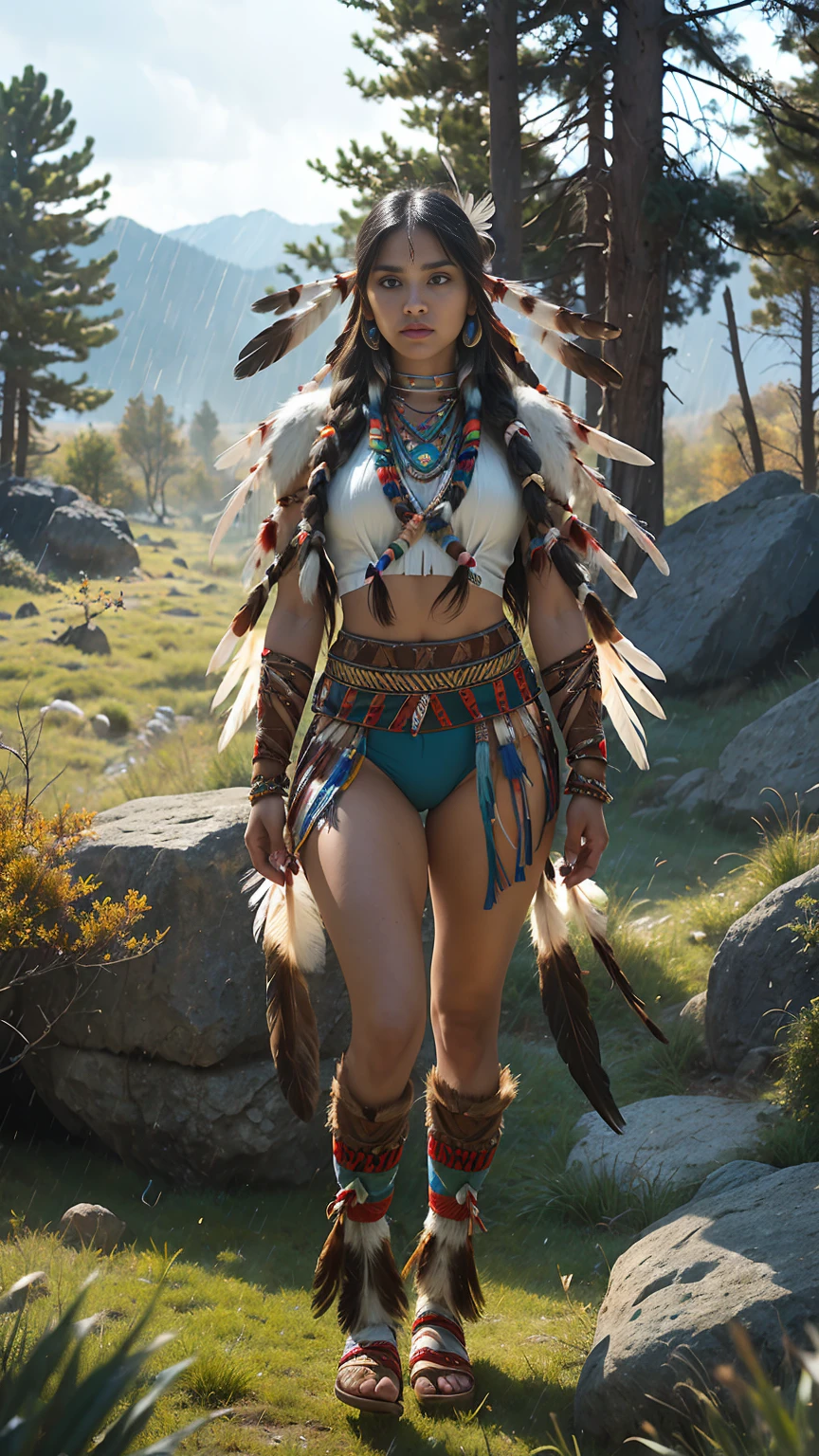 ((full body photo, Standing, feet on the ground)) score_9, score_8_above, score_7_above, score_6_above, classification_explicit, 1 girl, ((18 years:1.2)),(The best quality,A high resolution,Ultra - detailed,actual),Native American Ariana Grande,(wild Indian native American:1.4), adult, full lips, big light eyes, light blue eyes, ((by rubio:1)), (cabello ondulado long trenzado nativo indio: 1.2), (female native american:1.4) ,(native indian feathers :1.4), (Face details: 1.5, bright blue eyes, beautiful face, pretty eyes, iris coating, labios Delgados: 1.5, Delgado, pale and sharp eyebrows, long, dark eyelashes, double tabs),(perfect hands detailed : 1.4 ) , (forest background big leaves :1.4), (native american V2.1), (native american:1.4), (fondo desierto casa native american:1.4), (dynamic cowboy pose),(( beautiful american indian warrior:1.4), (beautiful american indian warrior: V2.1)) , (bright colors), (big stones background:1.4 ), (meadow background :1.4), (falling rain cloudy:1.4), (great grassland autumn :1.4), (vestidor native american:1.4), (showing panties:1.4), (realistic V2.1), (perfect anatomy)