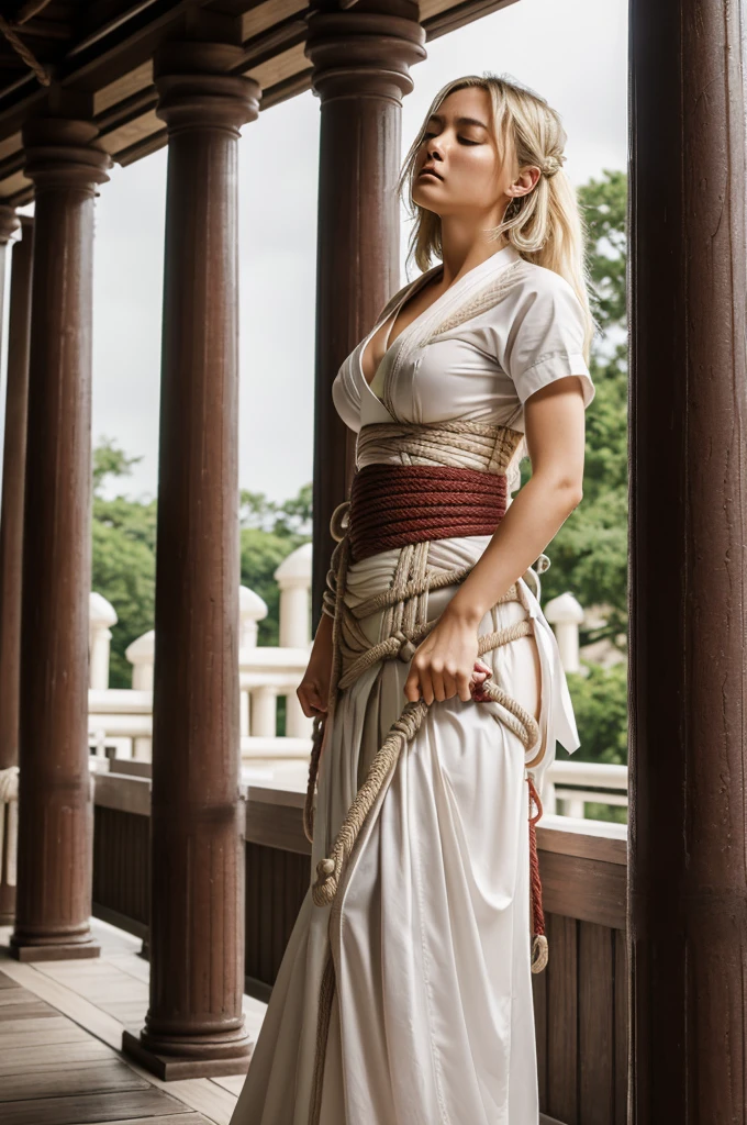 masterpiece,highest quality,very detailed,1 girl,alone,Whooping,face down,open mouth,unconscious,close your eyes,Sweat,Sweatdrop,blush,very big breasts,
long hair,blonde,short sleeve,miko clothes,white sleeves,removed sleeve,red hakama,long skirt,White priestess uniform,
Wagon car tied up,BDSM,(((shibari over clothes,rope,bound,restrained,against pillars))),pillars