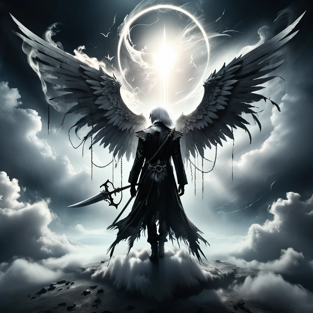 glow eyes, black mask,(masterpiece, best quality), (1boy), (dark angel, white hair, black wings, halo, back view), (chains, tattered clothing, holding scythe), (standing on clouds, ethereal background, floating symbols), (dramatic lighting, high contrast, dynamic composition), (detailed wings, intricate details, apocalyptic theme), (mysterious, ominous, powerful)
